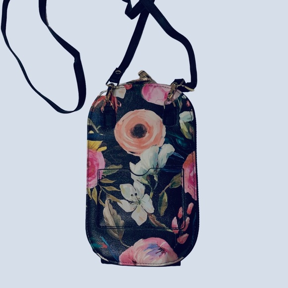 MONARQUE PINK FLORAL ON BLACK CROSSBODY BAG PURSE WALLET WATERCOLOR FLORAL PURSE - Picture 4 of 13